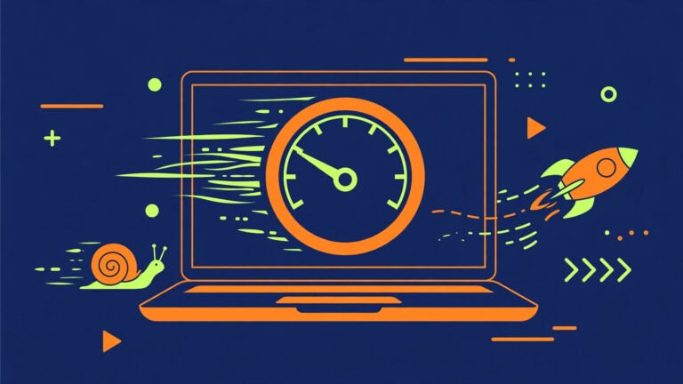 Laptop with a website speedometer showing a slow site